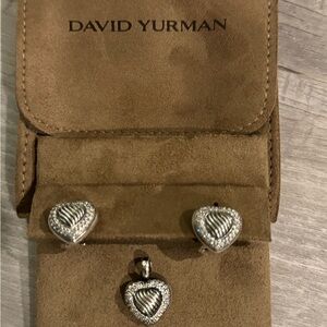David Yurman Pave Diamond Sculpted Heart Omega Earrings and Pendant Set